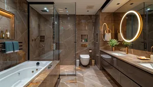 Modern luxury bathroom with clean design and wood accents