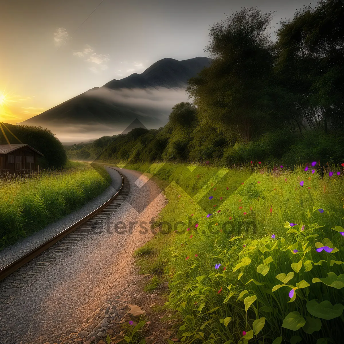 Picture of Sunset Over Rural Rapeseed Field: A Colorful Horizon Landscape