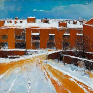 Winter cityscape with old buildings and snow-covered streets.