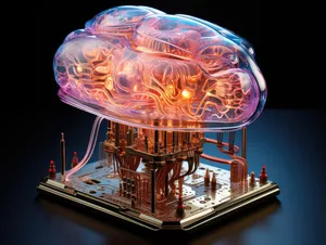 Sci-fi concept. The central computer processor in the form of an artificial brain microchip as the main element of the artificial intelligence system is installed on the motherboard of the supercomputer