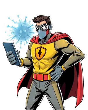 Cartoon superhero man with cape