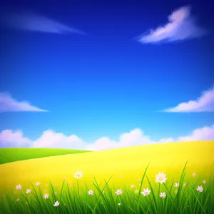 Vibrant countryside meadow under bright summer sky