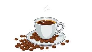 Morning espresso in black ceramic cup on saucer.