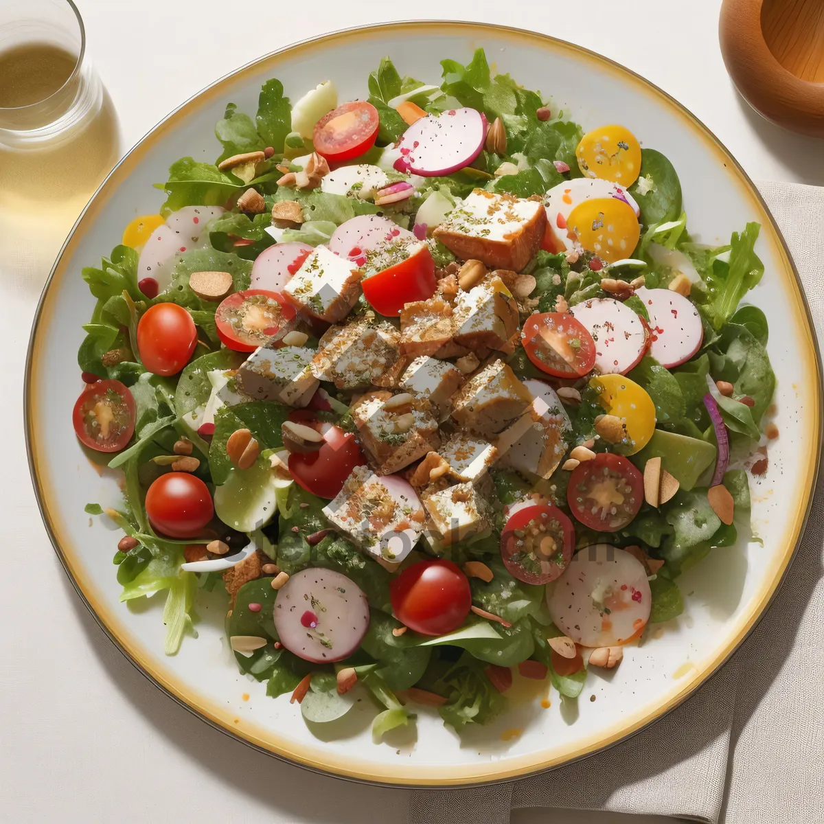 Picture of Healthy vegetable salad with fresh cheese and tomatoes.