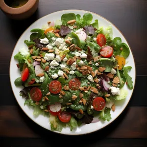 Gourmet salad with fresh vegetables and cheese plate.