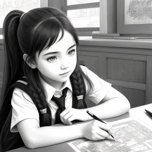 Attractive brunette businesswoman smiling while working on a laptop.