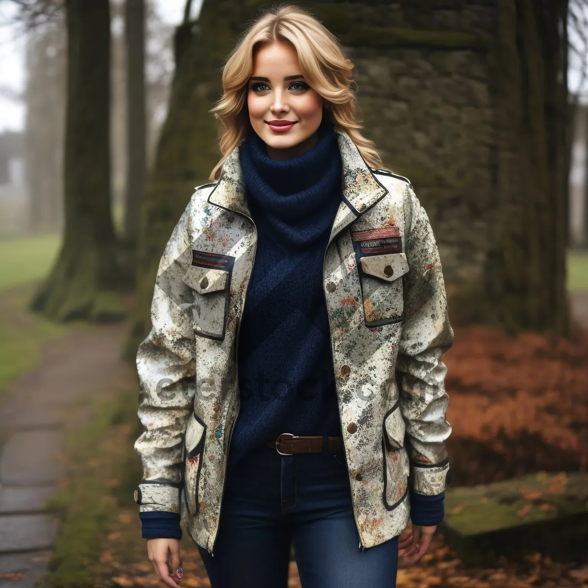 Picture of Happy smiling brunette lady in fashionable jacket coat.