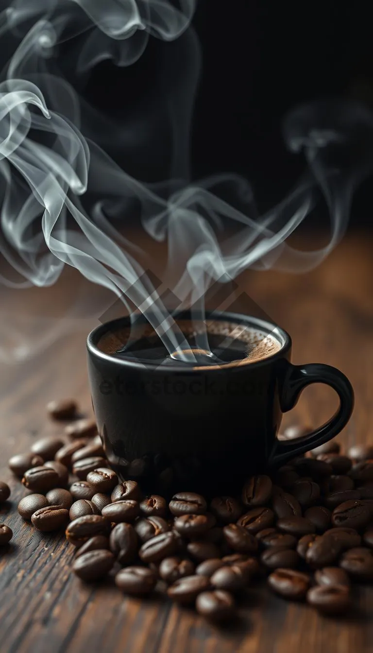 Picture of Hot Espresso and Beans in Black Cup