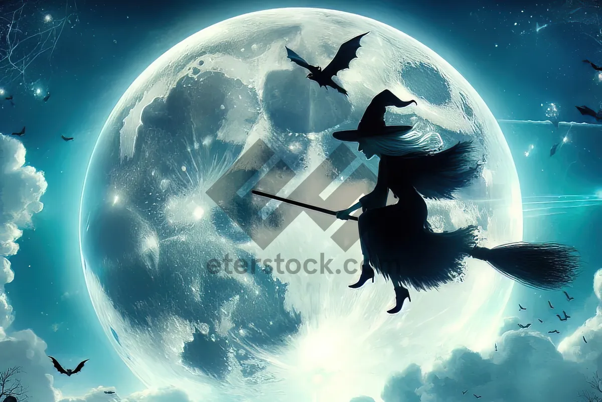 Picture of A witch flying on a broomstick against a huge full moon. AI, Generation, Illustration