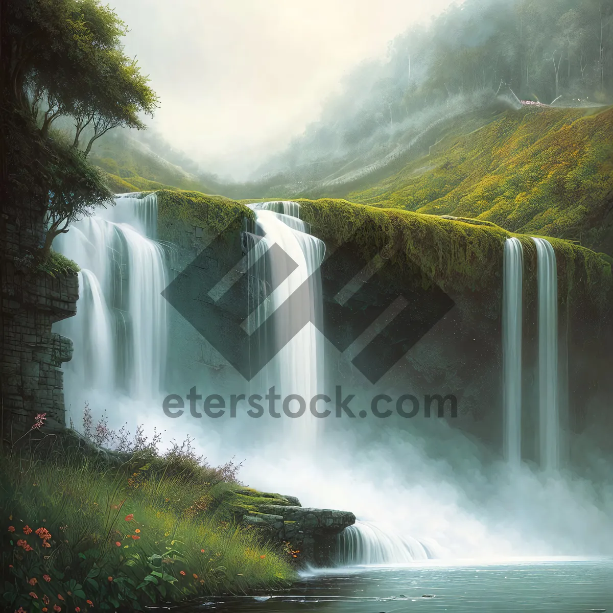 Picture of Serene Mountain Waterfall surrounded by Lush Green Forest