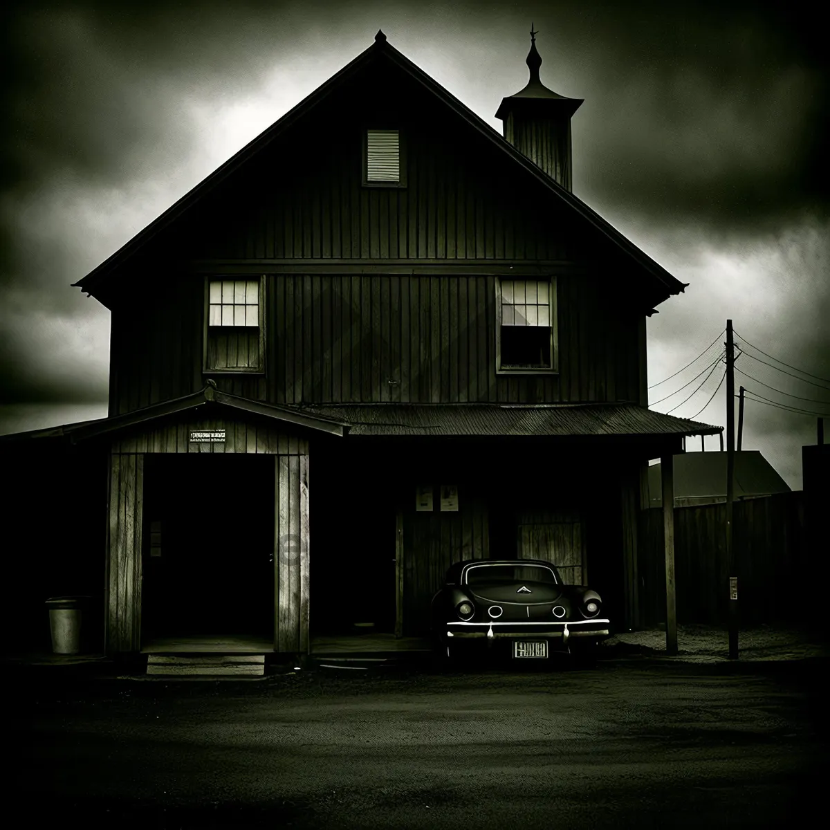 Picture of Rustic Fire Station: Old Wooden Structure under Rural Sky