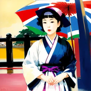 Smiling Lady with Fashionable Kimono and Shopping Bags