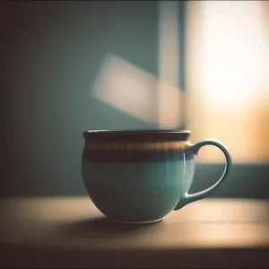 Steamy morning coffee in ceramic mug on saucer.