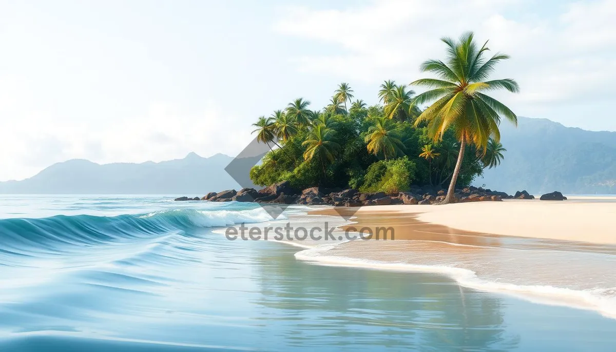 Picture of Sunny tropical beach relaxation with palm tree.