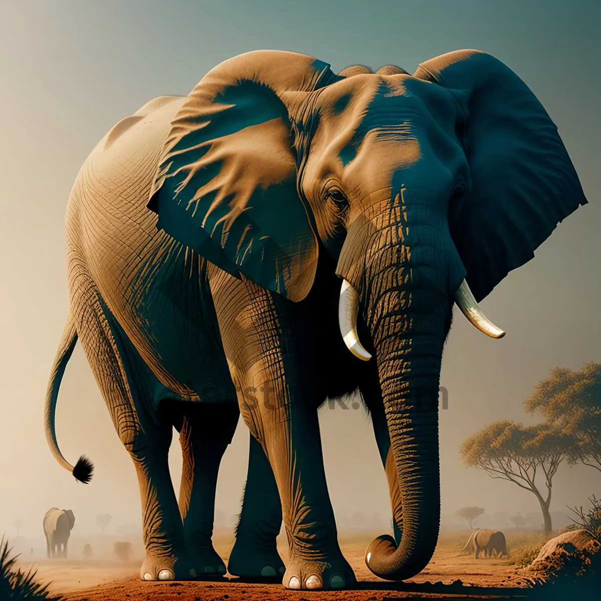 Picture of Wild Africa: Majestic Elephant and Graceful Giraffe in Safari