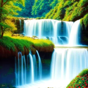 Serene cascading waterfall amidst lush forest landscape