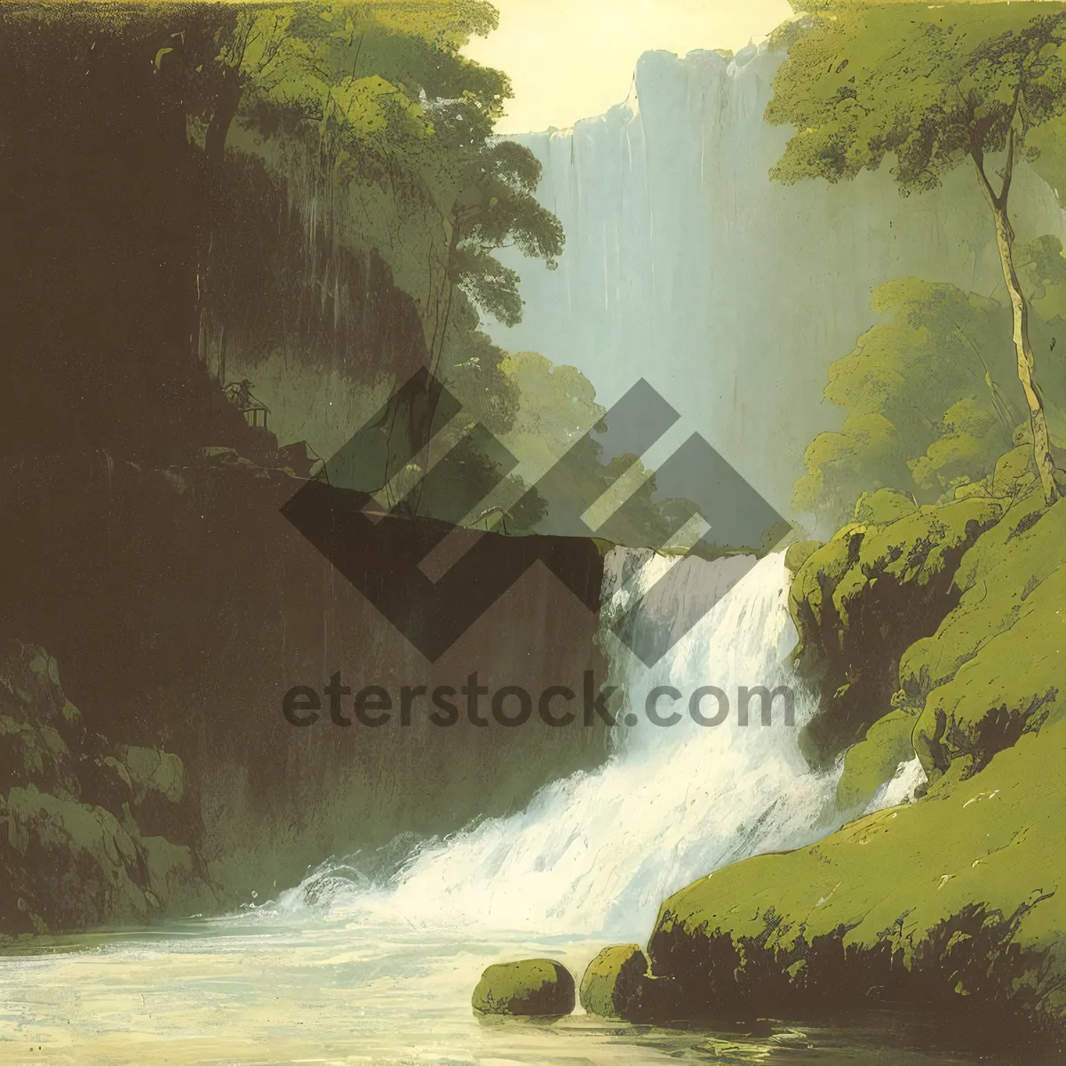 Picture of Tranquil Waterfall in Majestic Forest