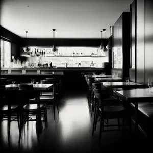 Modern restaurant interior with wooden chairs and tables