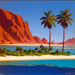 Tropical sunset beach paradise with palm trees and waves