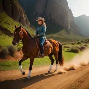 Equestrian Cowboy Riding a Brown Stallion in a Rural Field