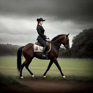 Dynamic Equestrian Action: Polo Player in Harness Riding Stallion with Mallet