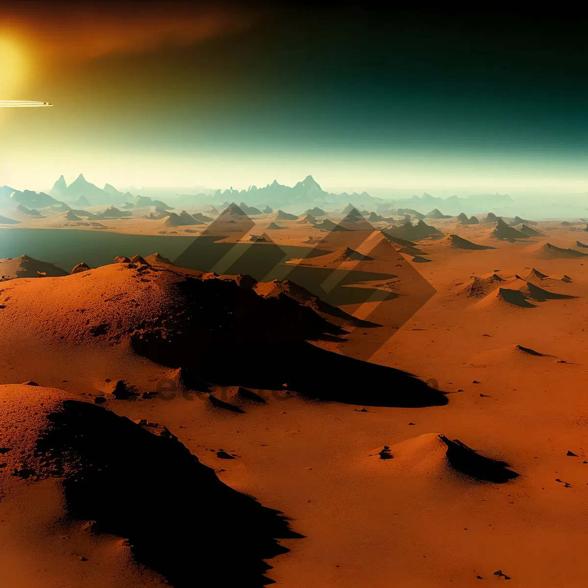 Picture of Golden Horizon: Serene Sunset over Beach and Mountains