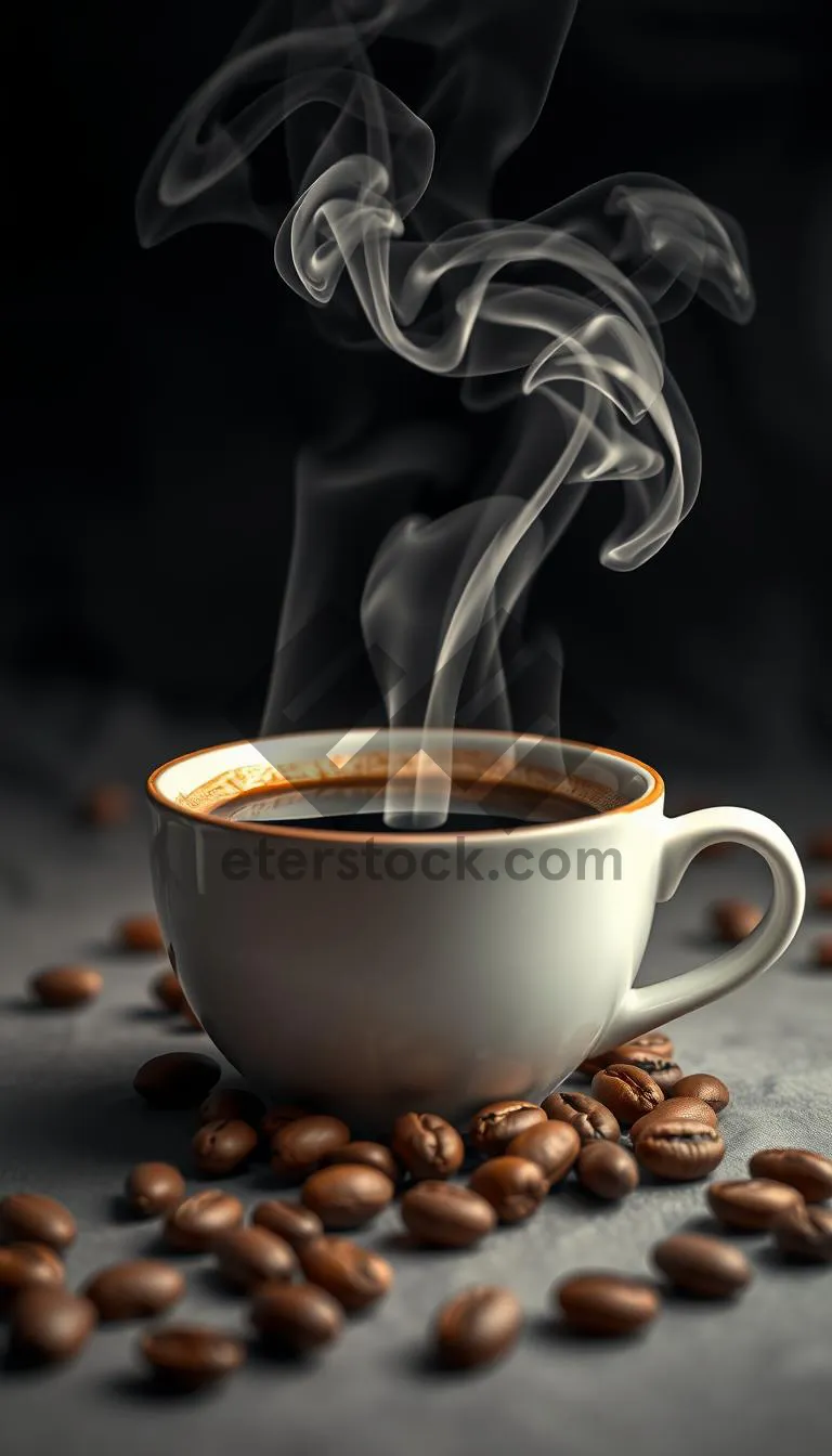 Picture of Hot coffee in black porcelain cup on table.