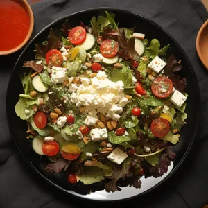 Fresh vegetable salad with tasty meat and spicy sauce.
