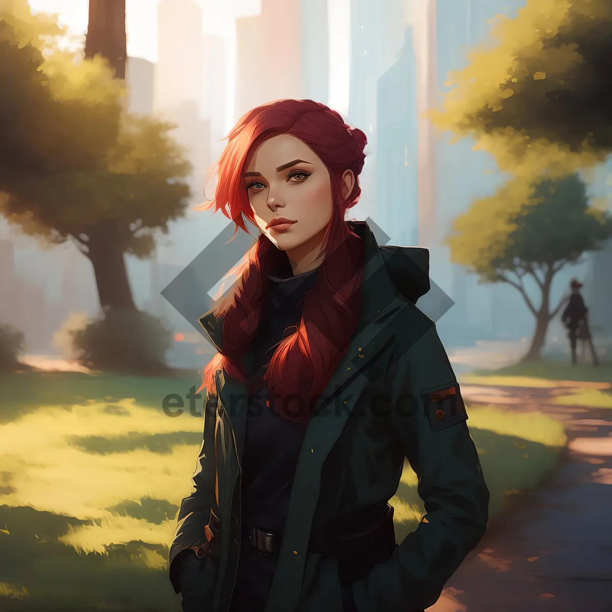 Picture of Happy brunette fashion model smiling in the park.