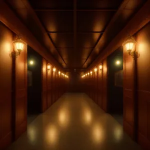 Column-lit architectural basement hallway with tunnel-like corridor