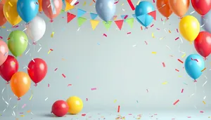 Colorful Balloons and confetti celebrate birthday party.