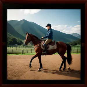 Thoroughbred equestrian rider with brown mare on farm