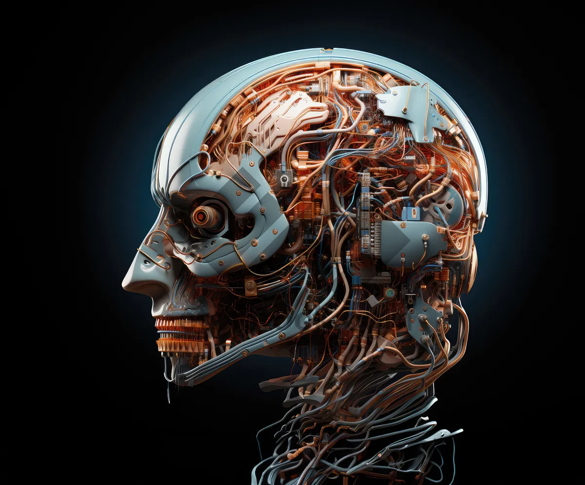 Picture of Science fiction concept of ai. Artificial brain as the most important element of the artificial intelligence system. Electronic chips and memory elements are integrated into the brain structure.