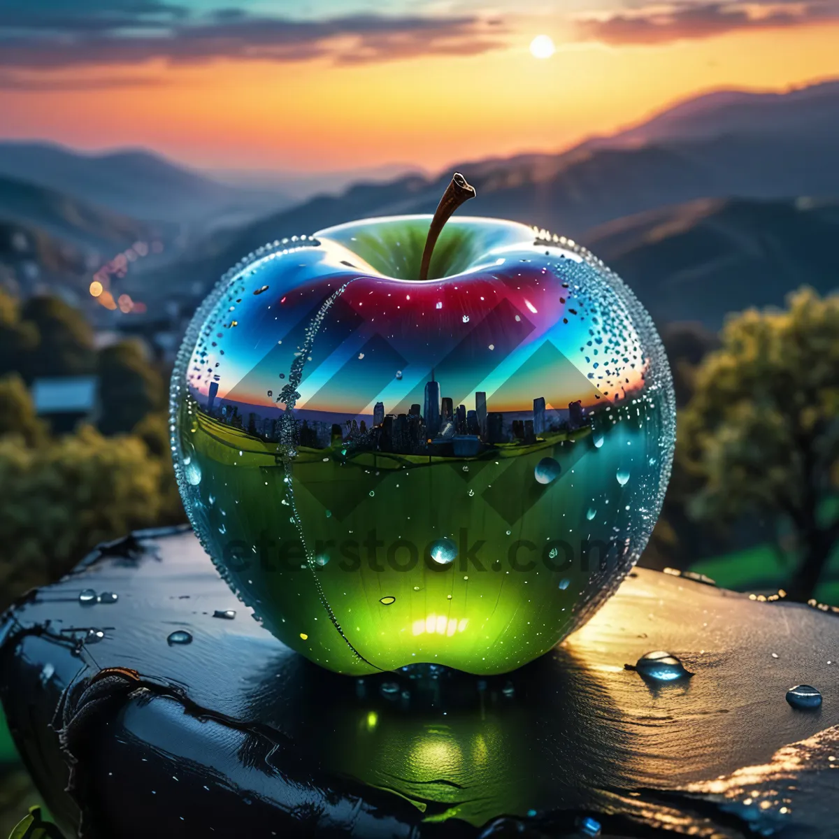 Picture of Fresh and juicy red delicious apple with juice fountain