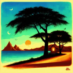 Sunset Paradise - Tranquil Beach Scene with Surfer
