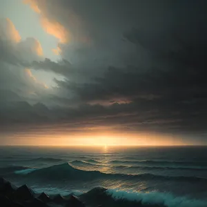 Golden Horizon: Sun setting over tranquil ocean landscape