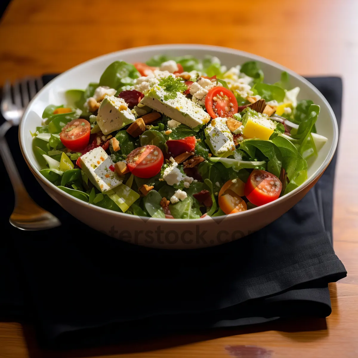 Picture of Healthy salad with fresh vegetables and cheese.