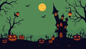 Spooky Halloween Night Cemetery Silhouette Moon Cartoon Illustration