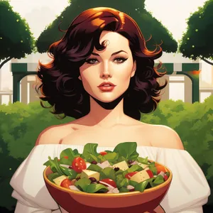 Happy woman eating nutritious fruit salad for lunch.