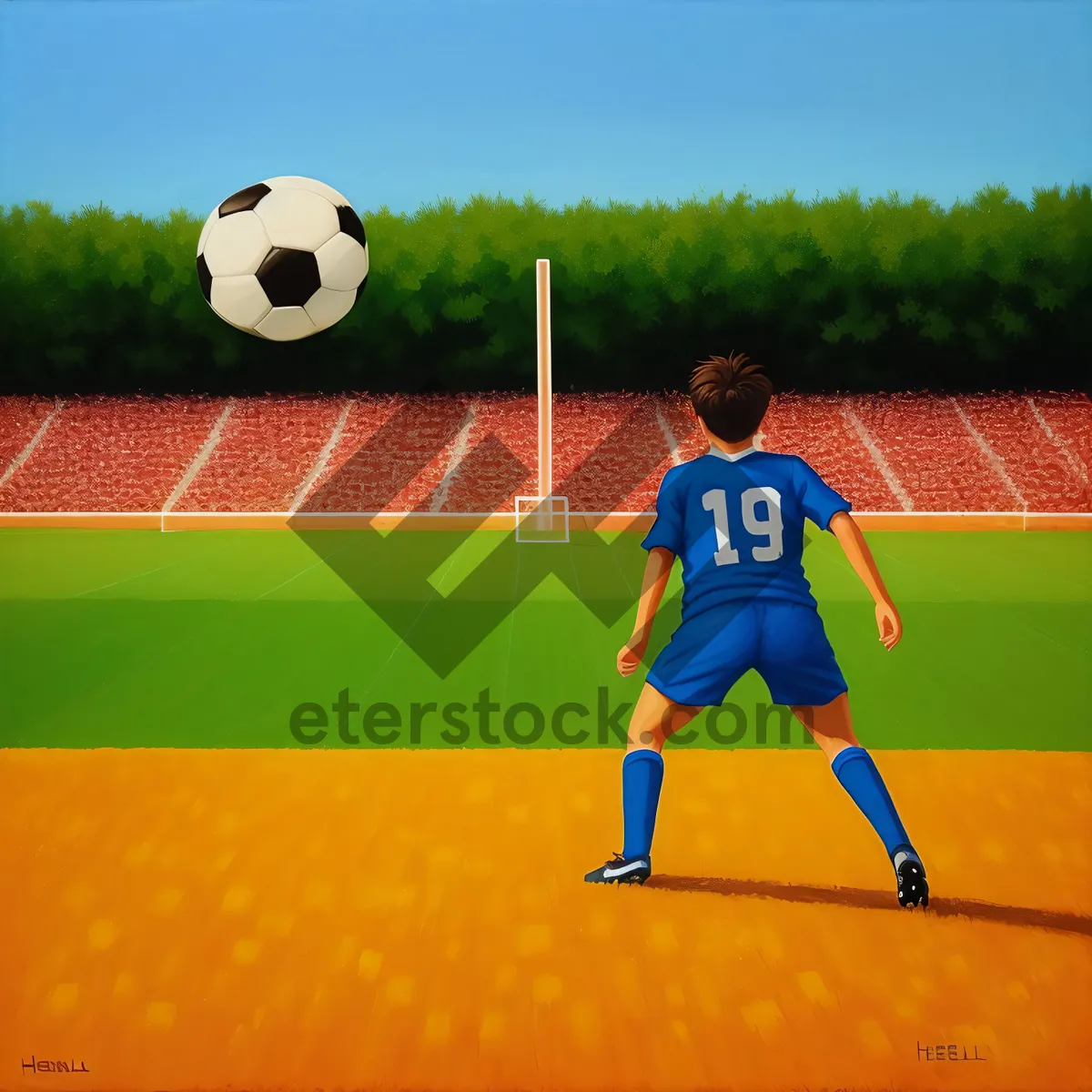 Picture of Active male soccer player kicking ball on grass field