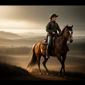 Equestrian Cowboy Riding Horseback on Ranch