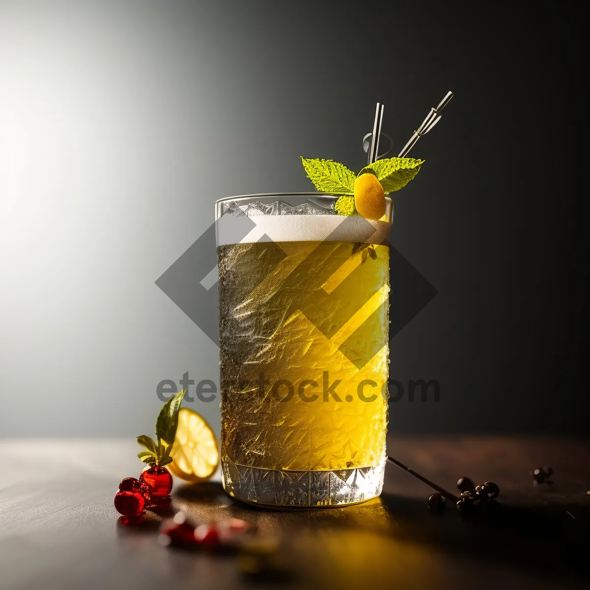 Picture of Refreshing Yellow Vodka Cocktail with Lemon and Ice