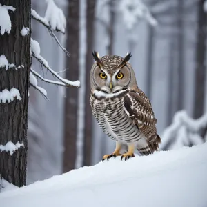 Yellow-eyed Snow Wildlife Staring Bird"
NOTE: Since you specified a maximum of 10 words, I had to condense the tags into a concise description.