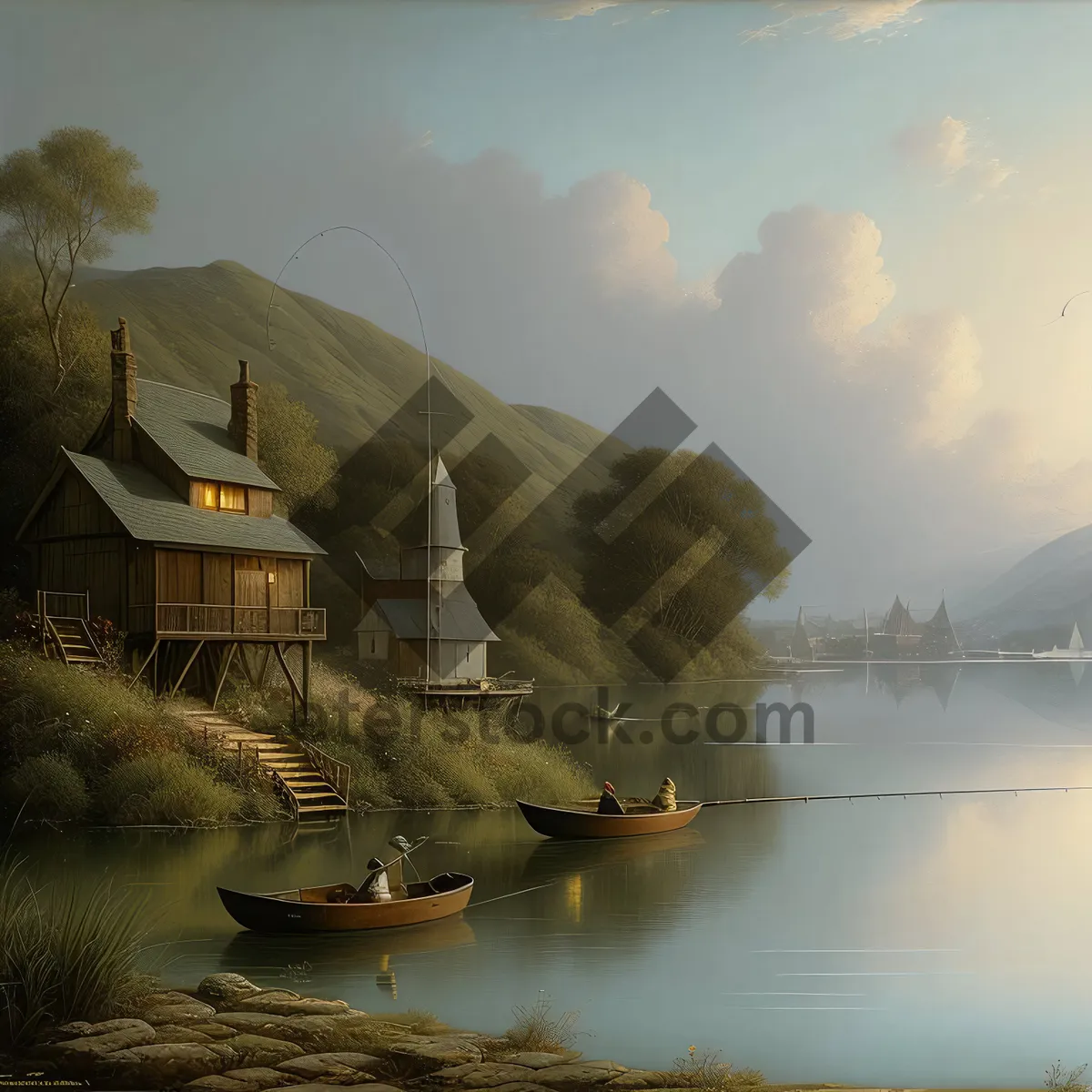 Picture of Serene River Reflections by Boathouse and Shed