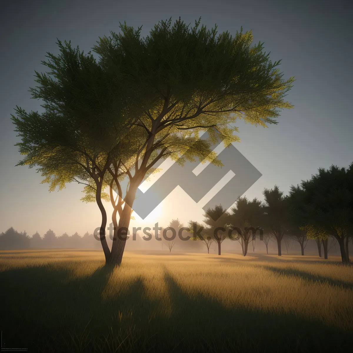 Picture of Sunset Over Rural Horizon with Tree and Field