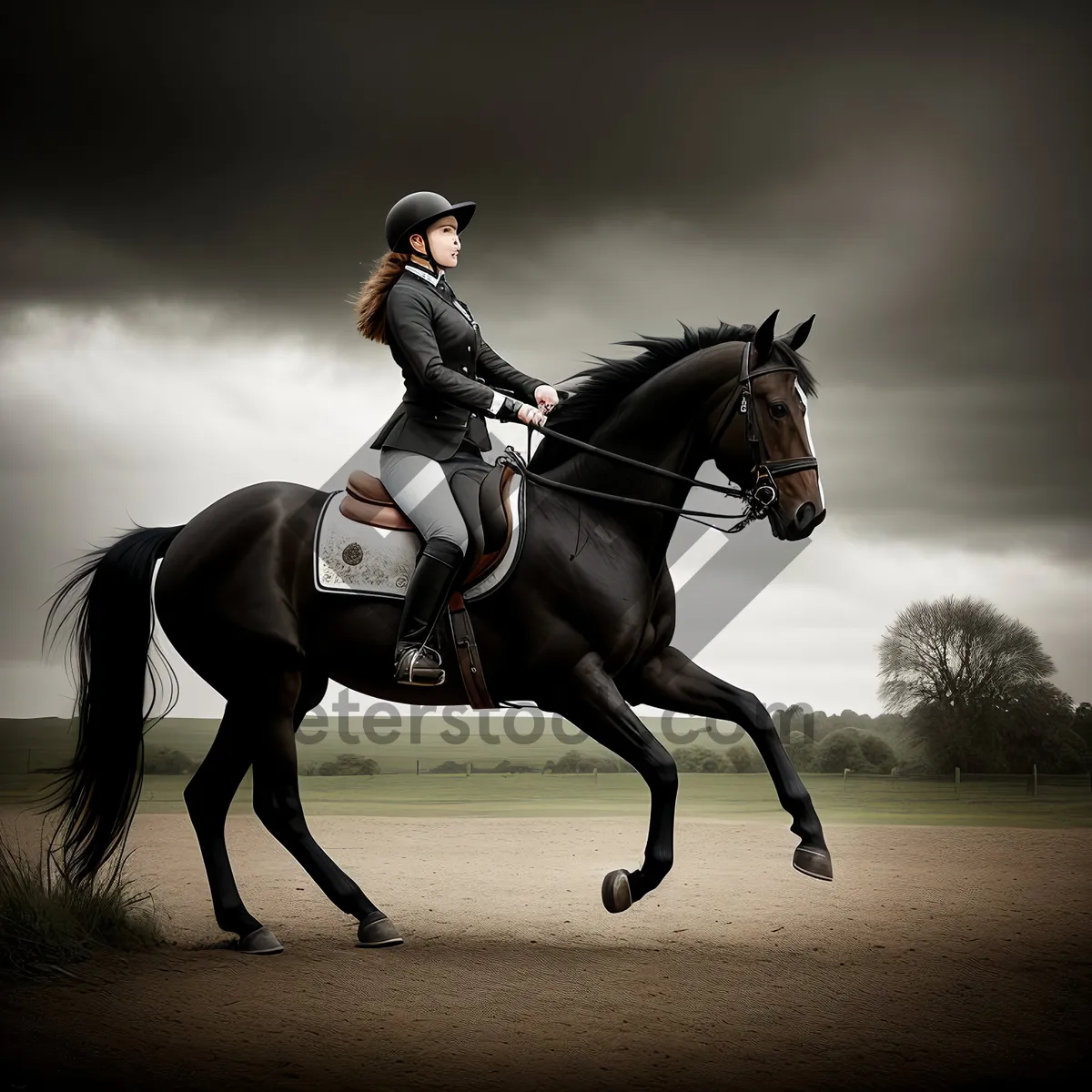 Picture of Thoroughbred stallion in equestrian harness riding with polo mallet.