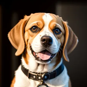 Cute Beagle Puppy with Collar, Sitting and Looking