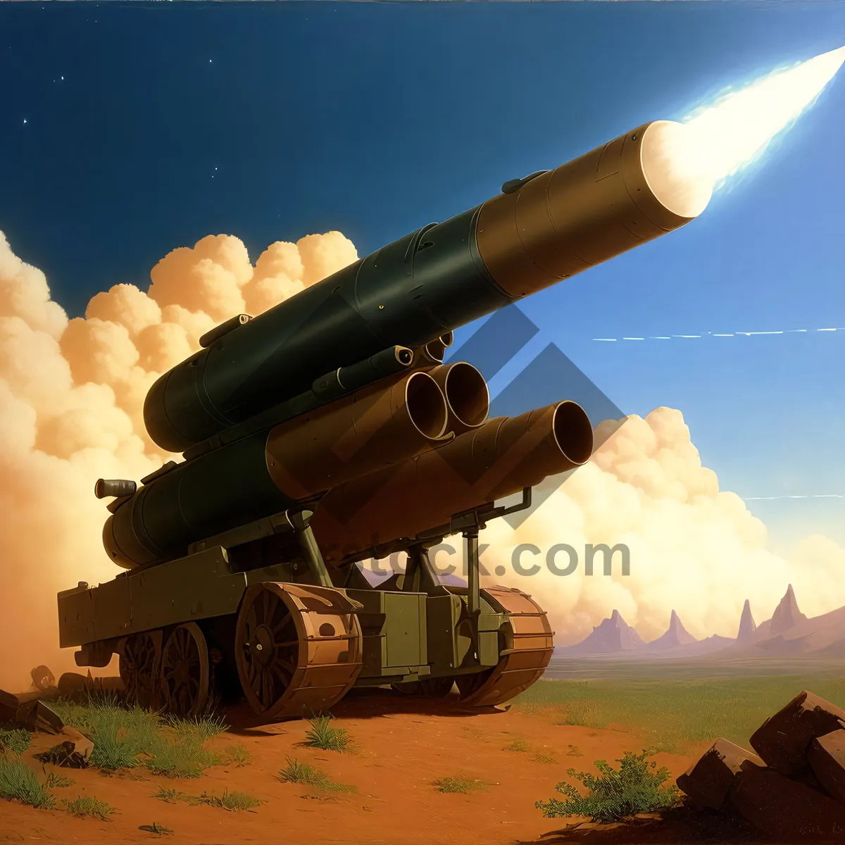 Picture of Skyrocketing artillery weapon in aerial warfare.