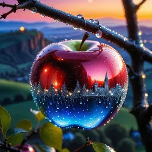 Fresh Cherry and Apple Fruits on Tree Branch