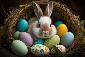 Cute Easter Bunny with Colorful Eggs in Grass